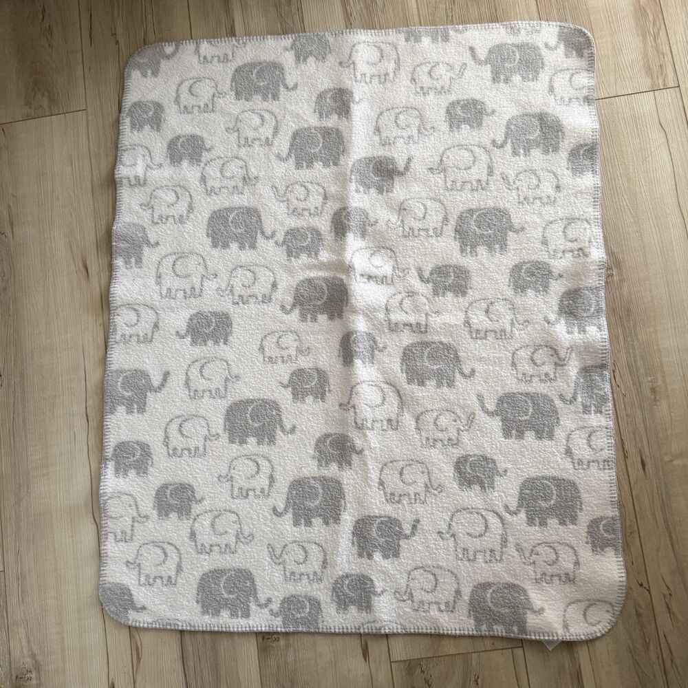 Vintage Pottery Barn Kids Elephant Baby Blanket Nursery Bedding Reversible Gray